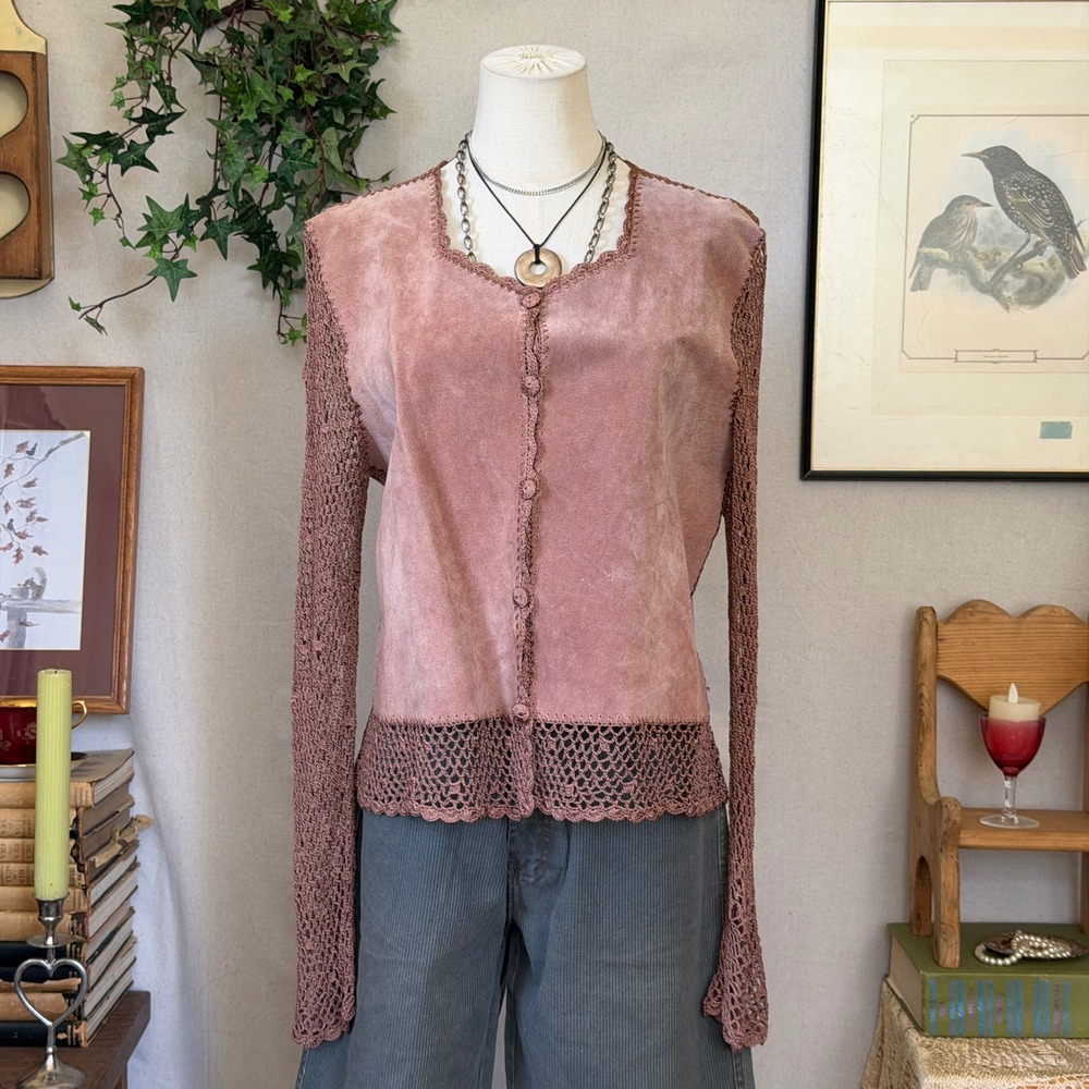 Brown Mauve Crochet Leather Cardigan Top Fairycore Boho Vintage L Whimsygoth